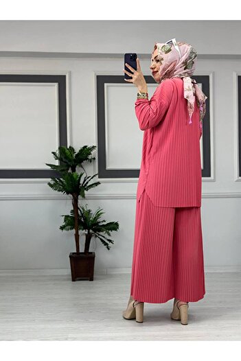 Butik Kardelen Sandy Komple Piliseli İkili Tesettür Pantolonlu Takım STD B eden