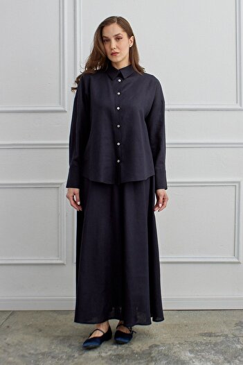 QANU Azur Linen Skirt Suit Navy Blue