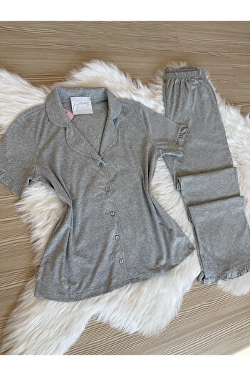 Pijamacs Gray Melange Cotton Short Sleeve Front Button Pajama Set with Ruffle Detail on Sleeves and Legs