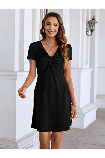 buğrahayalin Women's short sleeve collar detail viscose dress