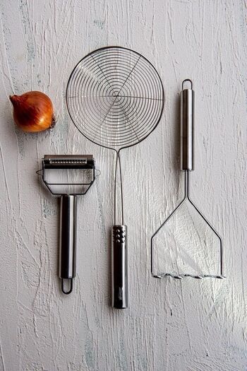 Assess Home Luxury Stainless3 Piece Potato Masher + Julienne Peeler + Colander Set with Strainer