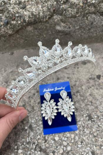 Hobigram Σετ αξεσουάρ για ειδική περίσταση Renata Silver Bride Henna Crown, γυναικείο στέμμα και εκλεκτά σκουλαρίκια με κρεμαστά στοιχεία