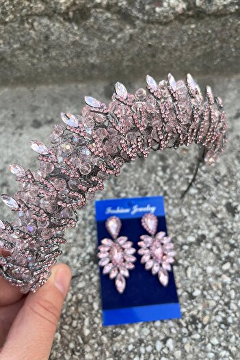 Hobigram Salome Pink Bridal Henna Crown Special Occasion Accessory Women's Crown and Thin Shuttle Earring Set