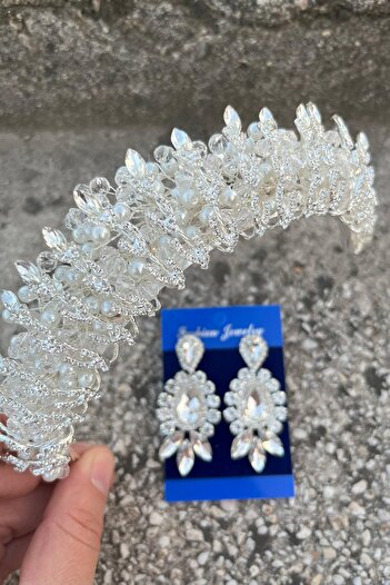 Hobigram Salome Cream Pearl Bridal Henna Crown Special Occasion Accessory Women's Crown and Three Shuttle Earrings Set