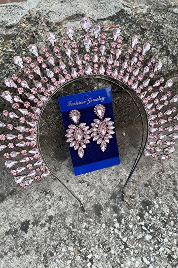 Hobigram Michaelle Pink Bridal Henna Crown Special Occasion Accessory Women's Crown and Thin Shuttle Earring Set