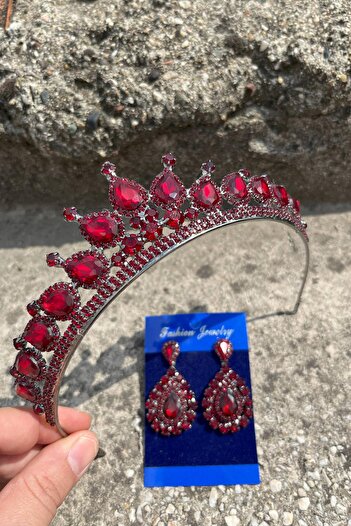 Hobigram Renata Burgundy Bridal Henna Crown Special Occasion Accessory Women's Crown and Drop Shuttle Earrings Set