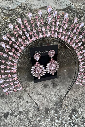 Hobigram Michaelle Pink Bridal Henna Crown Special Occasion Accessory Women's Crown and Wide Shuttle Earrings Set