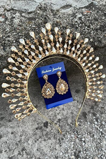 Hobigram Michaelle Gold Bridal Henna Crown Αξεσουάρ ειδικής περίστασης Γυναικείο σετ κορώνας και σκουλαρίκια με σταγόνες