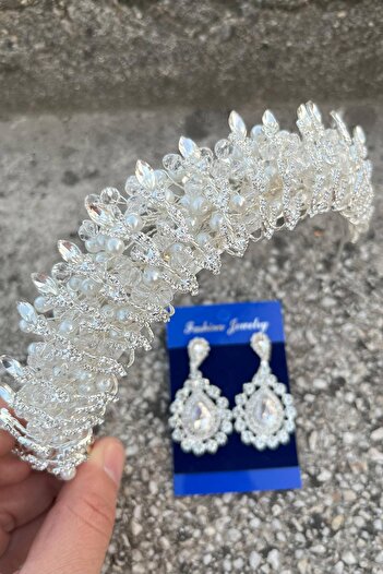 Hobigram Salome Cream Pearl Bridal Henna Crown Special Day Accessory Women's Crown and Drop Shuttle Earring Set