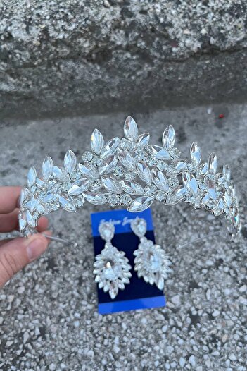 Hobigram Regina Silver Bridal Henna Crown Special Day Accessory Women's Crown and Wide Shuttle Earring Set
