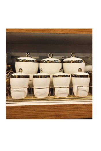 rexa 7-Piece Luxury Porcelain Spice Set – Gold Gilded Versace-Inspired White Storage Jars with Stand