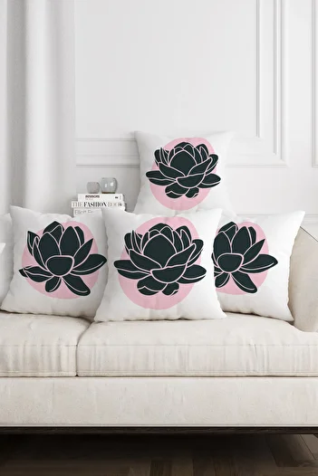 Hayal Dekoratif Nature Themed Lotus Flower Patterned White Background Pink Color 4-Piece Sofa Throw Pillow Cover Set
