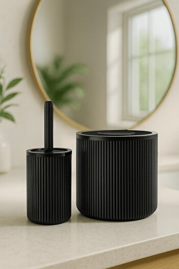 Sas Haus Lines Series Black Bathroom Set, 2 Piece Acrylic Cylinder 5 Liter Trash Can and Toilet Brush Set