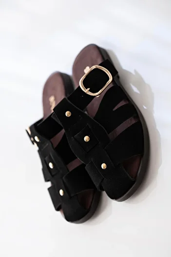 sovrana Belt Detailed Slippers Black Suede