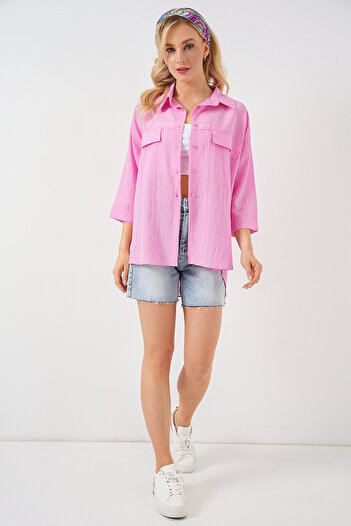 Bigdart Women's Pocket Detailed Short Sleeve Shirt 20317 - Pink