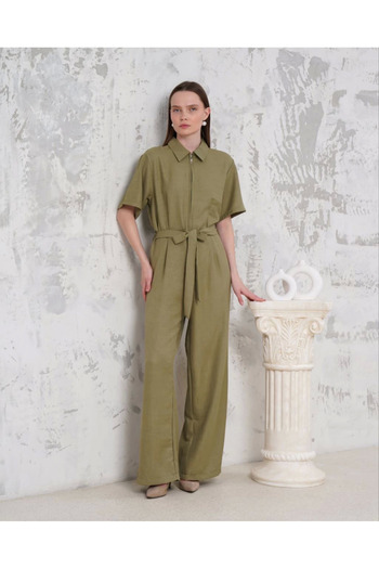 Zerenyus Belted Shirt Collar Casual Overalls Khaki