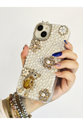 OSG iPhone 15 Plus and 14 Plus Compatible Handmade Stone Premium Protective Phone Case with Pearls and Characters