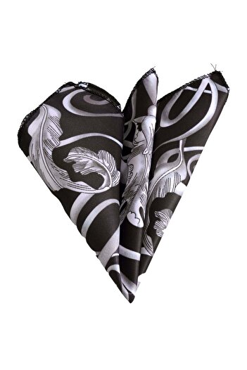 Exve Exclusive White Gray Floral Pes Printed Collar Handkerchief on Black