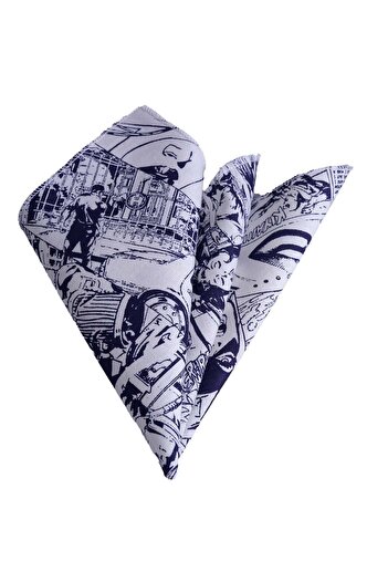 Exve Exclusive White Navy Blue Printed Comic Collar Handkerchief