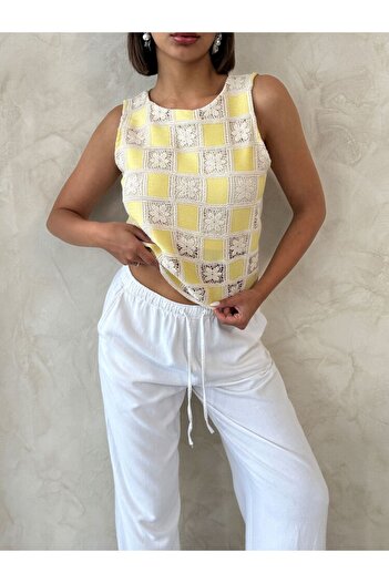 Moday Women's Summer Crew Neck Crochet Motif Guipure Blouse 3D-2343