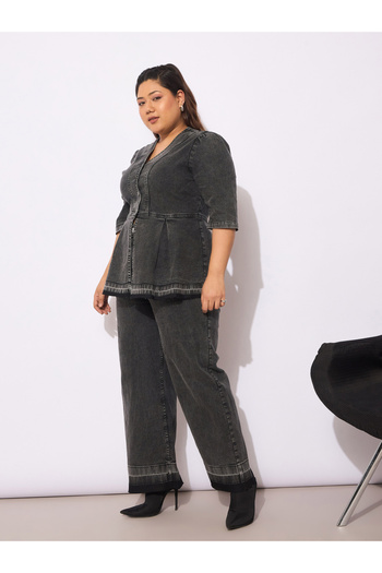 Sassafras By Styli Plus Size Plain Denim Metal Button Peplum Top and Jeans Co-Ords
