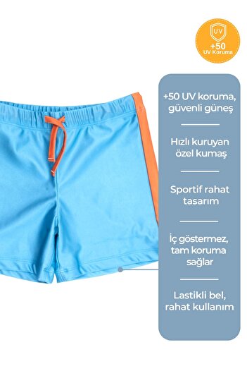 Ozmoz By Mukadder Özden Blue Knitted Fabric Boy's Shorts Swimwear with Orange Stripe