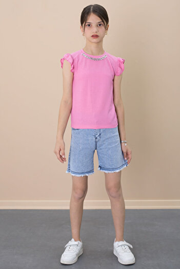 Cansın Mini Sequined Jean Shorts Pink Necklace Detailed Badi Girl's 2 Piece Set 21108