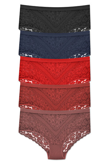 ZENA UNDERWEAR Pachet de 5 chiloți de damă cu talie înaltă elastică cu dantelă și detaliu din tul