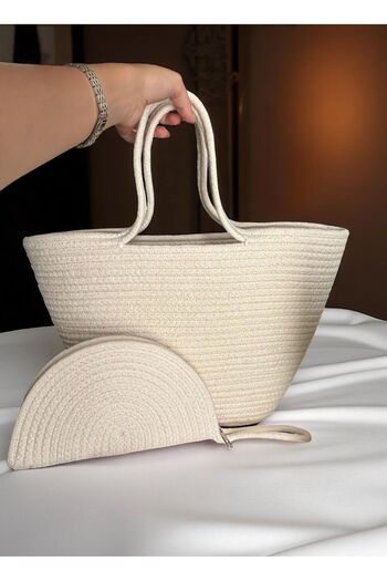 Katusa Women's 2 Pack Cream Yarn Knitted Zipper Clanc and Large Beach Bag