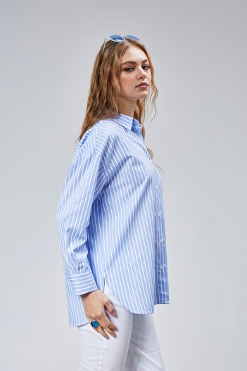TF The Fancy For You Kadın Oversize Uzun Kollu Pamuklu Çizgili Gömlek