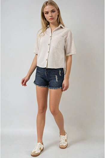 hazelin Women's Cream Linen Look Crop Shirt Hzl25S-Bd1203391