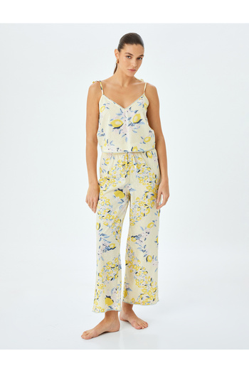 Koton V-Neck Thin Strap Lemon Printed Cotton Pajama Top