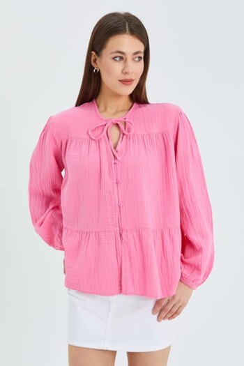 LE CARAMBOLE Women's Pink Collar Tie Sleeve Elastic Loose Shirt