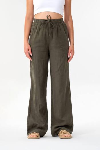 Fashion Showcase Muslin 100% Natural Cotton Elastic Waist Wide Leg Trousers Khaki