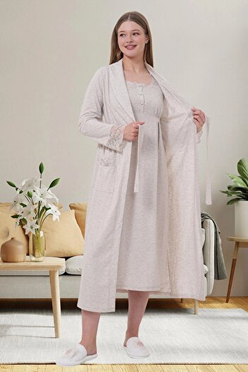 Mecit Pijama Guipure Detailed Short Sleeve Maternity 2-Piece Nightgown Set with Morning Cap 75% Cotton 25% Viscose