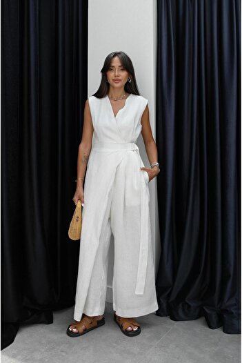 Havoş Ecru Belt Detailed 100% Linen Jumpsuit