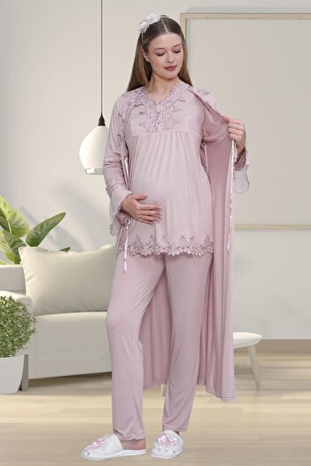 Mecit Pijama Mecit 1519 Dusty Rose Maternity Dressing Gown Nightgown Pajama Set
