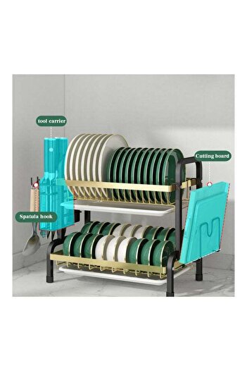 COOYA 2-Tier Kitchen Supplies Storage Rack Black/Gold 57.5x23.5x39cm