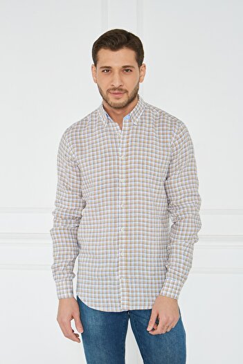 Paşahan Giorgianni Lapel Button Plaid Linen Slim Fit Shirt