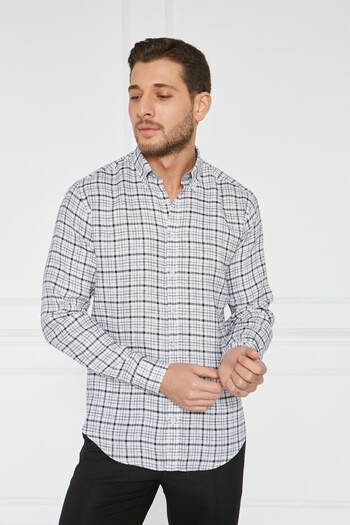 Paşahan Giorgianni Lapel Button Plaid Linen Slim Fit Shirt