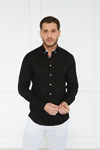 Paşahan Giorgianni Collar Button Garnished Linen Slim Fit Shirt