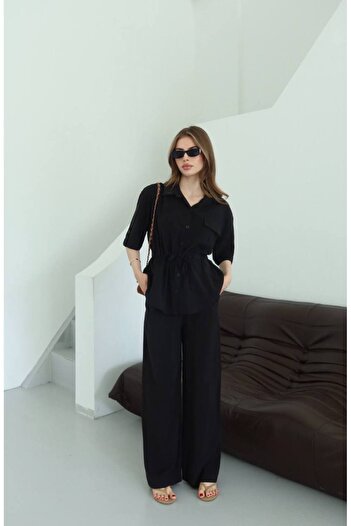 ZF BUTİK Women's Gathered Waist Shirt Pants Bottom Top Set