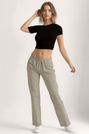 Vitrin Thick Striped Wide Leg Trousers with Elastic Waist