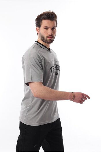 Madmext Painted Gray V-Neck Printed Short Sleeve Overfit T-Shirt 7039