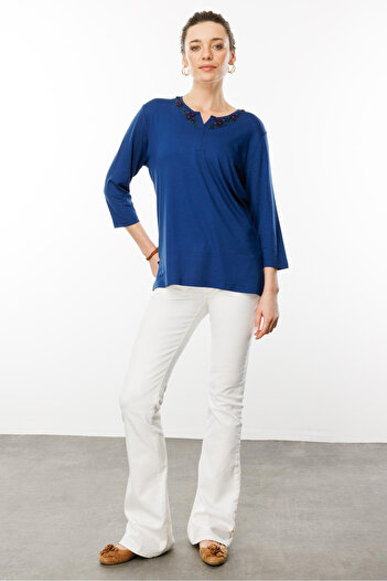 Desen Triko Oversize Κεντημένο Γυναικείο T-Shirt με μανίκια 3/4 - Casual Chic