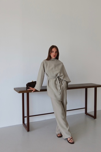 Laluvia Khaki Scarf Detailed Suit - 8630