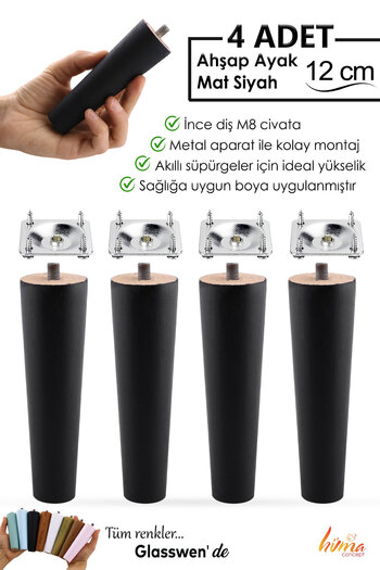 GLASWEN 4 bucăți picioare din lemn 12 cm negru cu dispozitive de fixare cu șuruburi M8 pentru mobilier dulap scaun picior de susținere a canapelei
