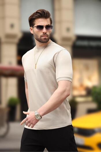 Madmext Beige Plain Crew Neck Basic Men's T-Shirt E7129
