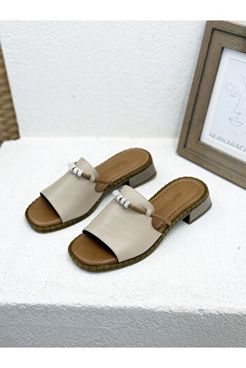 NUR KARACA 25Y048 Stone Detail Genuine Leather 3cm Thick Heel Slippers for Women