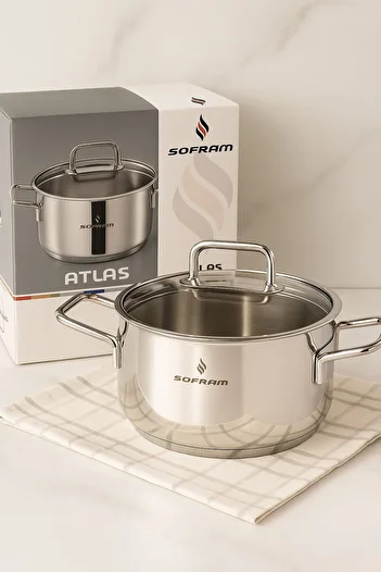 Sofram Yeşiltan Sofram Atlas Series 20 cm Deep Pot – 3 Liters, 18/10 Stainless Steel, Glass Lid